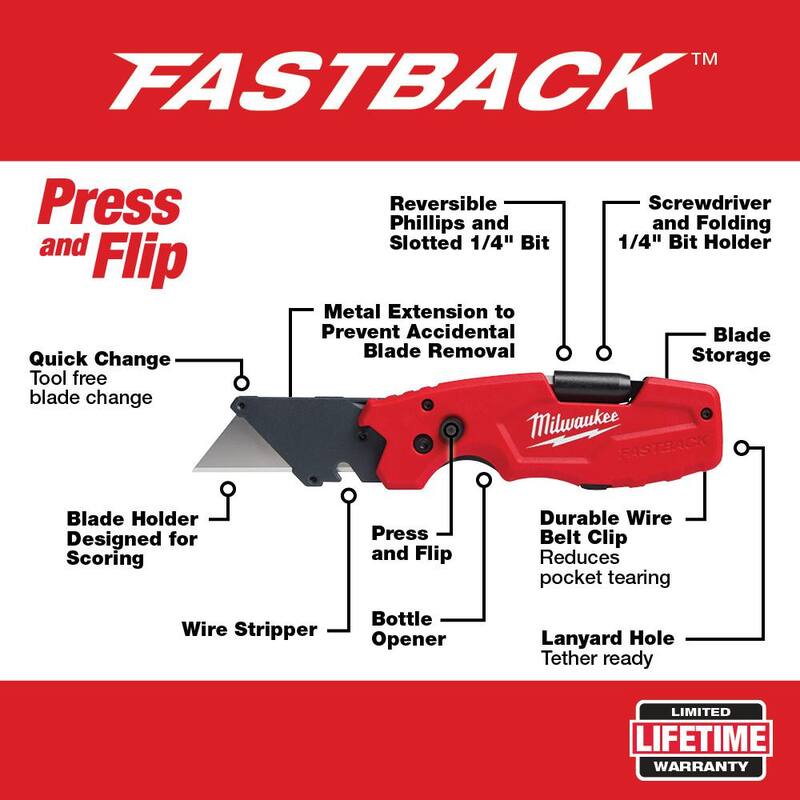 Milwaukee FASTBACK 6-in-1 Folding Knife with 3 in. Blade and General Purpose Utility Blades (50-Pack) - 48-22-1505-48-22-1950