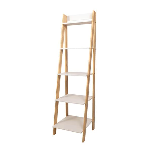 Juki Furniture Solid Wood Split 5 Shelf Ladder with Natural Legs, White Shelves - JU3325179