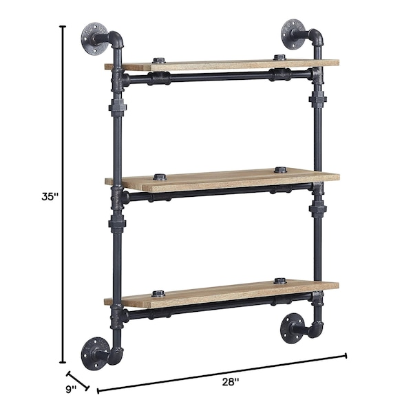 Acme Wall Rack with 3 Wooden Shelves in Oak and Sandy Black - ER-0291-3