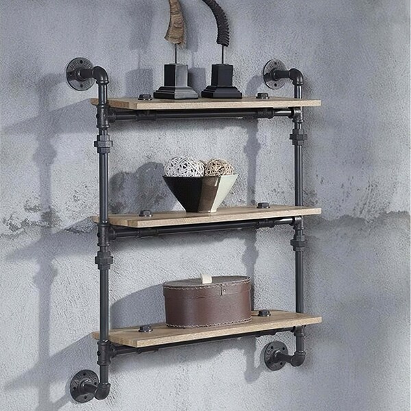 Acme Wall Rack with 3 Wooden Shelves in Oak and Sandy Black - ER-0291-3