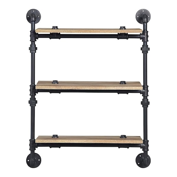 Acme Wall Rack with 3 Wooden Shelves in Oak and Sandy Black - ER-0291-3