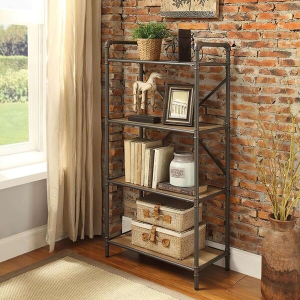 Acme 4 Wooden Tiers Rectangular Bookshelf in Antique Oak and Sandy Gray - ER-0242GY