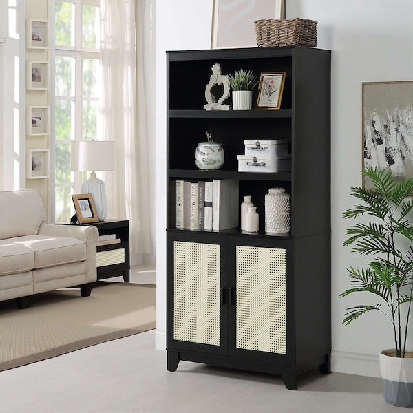 Manhattan Comfort Sheridan Modern Cane Bookcase with Adjustable Shelves in Black - BC-6GLF-BK