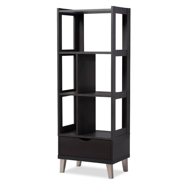 Baxton Studio Kalien Dark Brown Wood Bookcase with Display Shelves and One Drawer - 120-6465