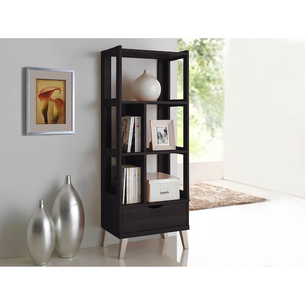 Baxton Studio Kalien Dark Brown Wood Bookcase with Display Shelves and One Drawer - 120-6465