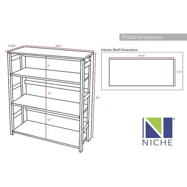 Regency Regency Flip Flop 34 in 3 Shelf High Folding, No Tools Assembly, Wood Bookcase- White - FF3430WH