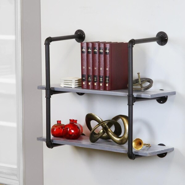 Warehouse Of Tiffany Feduor Pipe 2-Level Weathered Floating Wooden Bookshelves- Black & Gray - U3-2LVL