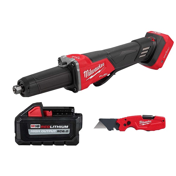 Milwaukee Tool M18 Die Grinder + XC6.0 Battery + Knife - 2984-20, 48-11-1865, 48-22-1505