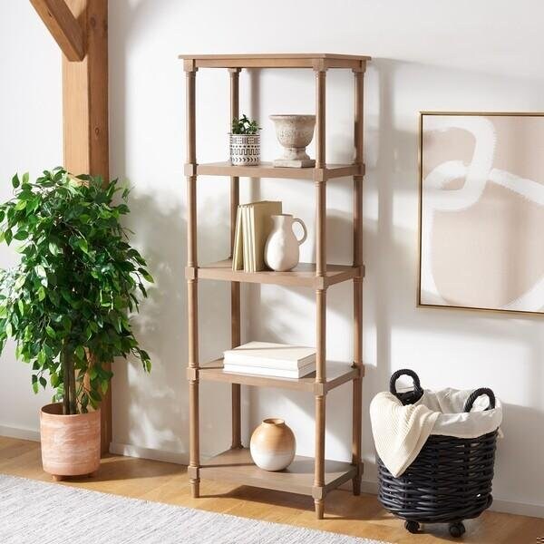 Safavieh Odessa 5 Tier Bookcase Shelves- Washed Natural Pine - 66.9 x 15.7 x 23.6 in. - AMH5721B