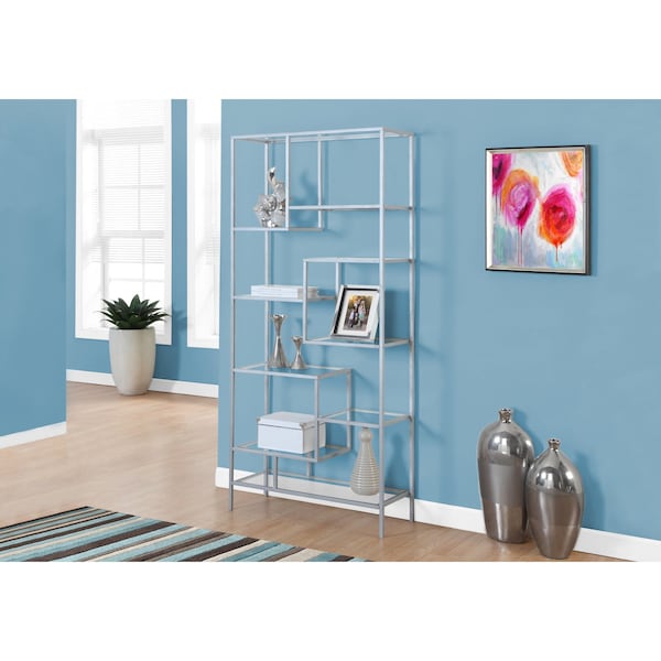 Monarch Specialties Bookshelf, Bookcase, Etagere, 72"H, Office, Bedroom, Metal, Tempered Glass, Grey, Clear - I 7158