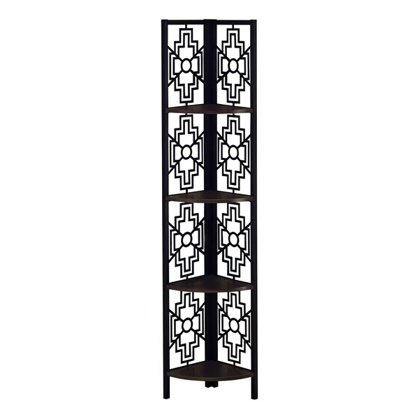 Monarch Specialties Bookshelf, Bookcase, Etagere, Corner, 4 Tier, 62"H, Office, Bedroom, Metal, Laminate, Brown, Black - I 3622