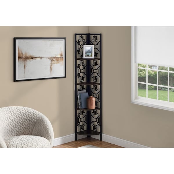Monarch Specialties Bookshelf, Bookcase, Etagere, Corner, 4 Tier, 62"H, Office, Bedroom, Metal, Laminate, Brown, Black - I 3622