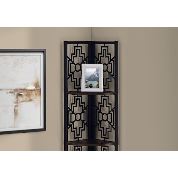 Monarch Specialties Bookshelf, Bookcase, Etagere, Corner, 4 Tier, 62"H, Office, Bedroom, Metal, Laminate, Brown, Black - I 3622