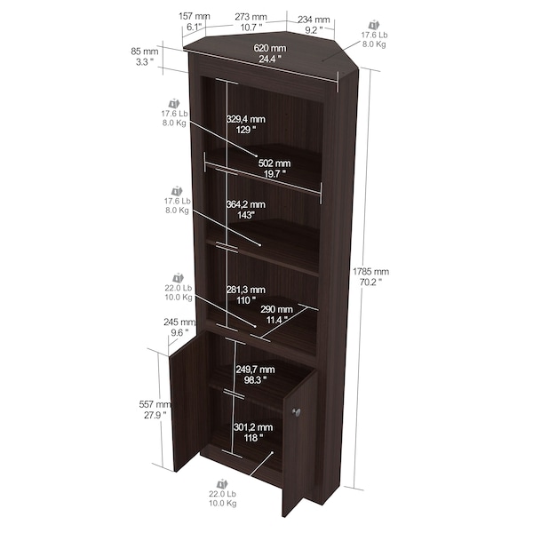 Inval Corner Bookshelf 70.02 in. H 5-shelf in Espresso - BE-9304