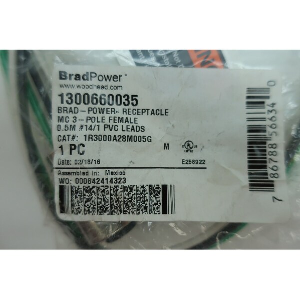 Woodhead WOODHEAD 1R3000A28M005G BRAD POWER FEMALE STRAIGHT 0.5M 3P RECEPTACLE - 1R3000A28M005G