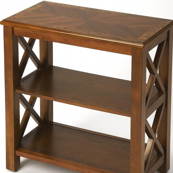 Homeroots 25 x 22 x 12 in. Vance Olive Ash Burl Bookcase - 389561