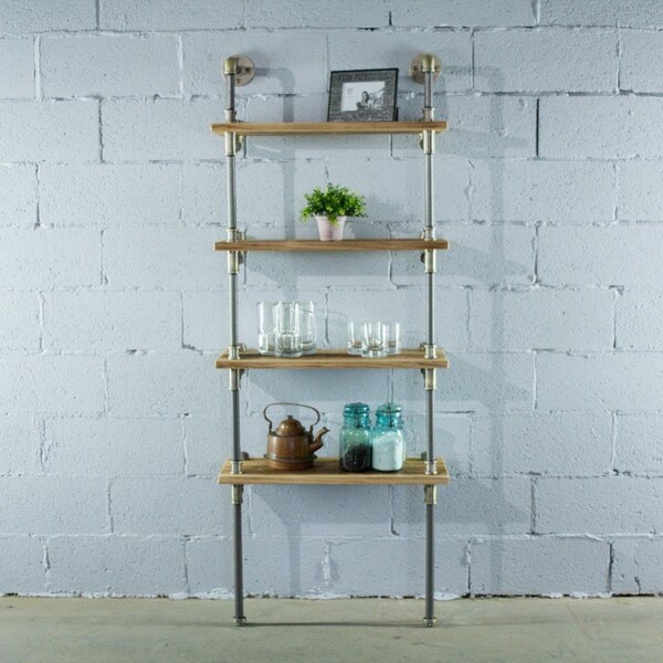 Furniture Pipeline 27 in. Sacramento Wide 4-Tier Etagere Bookcase, Brass Gray Steel Combo w/Natural Stained Wood - TWBS1-BR