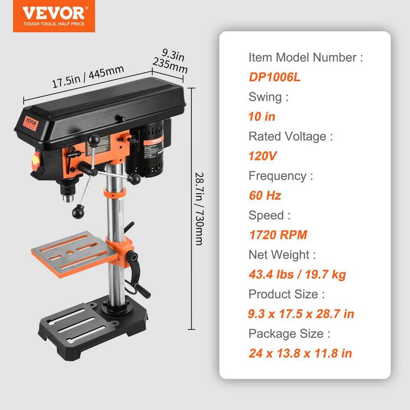 VEVOR 10 in. Benchtop Drill Press 3.2 Amp 5-Speed Cast Iron Bench Drill Press Tabletop Drilling Machine for Wood Metal - TSZCD32A510HKFMUCV1