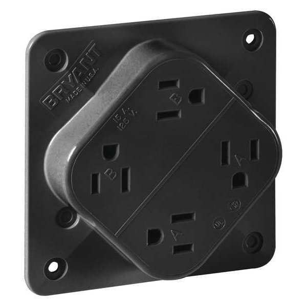 Zoro Select Receptacle, 15 A Amps, 125V AC, Flush Mount, Quad Outlet, 5-15R, Black - 1254BLK
