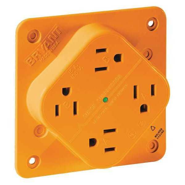 Zoro Select Receptacle, 15 A Amps, 125V AC, Flush Mount, Quad Outlet, 5-15R, Orange - 1254IGO