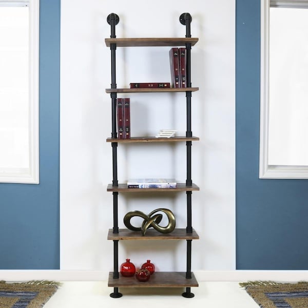Warehouse Of Tiffany Emitt Tall Bookshelf Pipe Frame with Weathered Maple Shelves- Black - DIY-60