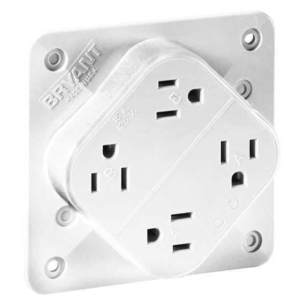 Zoro Select Receptacle, 15 A Amps, 125V AC, Flush Mount, Quad Outlet, 5-15R, White - 1254W
