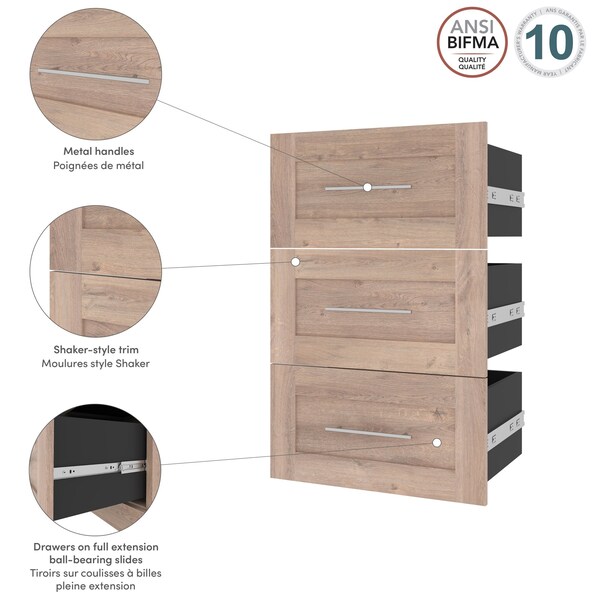 Bestar Pur 3 Drawer Set for Pur 25W Shelving Unit in rustic brown - 26163-000009