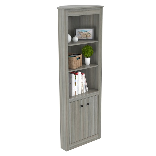 Inval Corner Bookshelf Wall Unit 70.02 in. H 5-shelf with Closed Storage in Smoke Oak - BE-10704