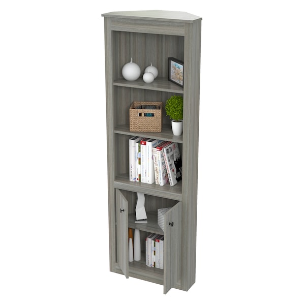 Inval Corner Bookshelf Wall Unit 70.02 in. H 5-shelf with Closed Storage in Smoke Oak - BE-10704