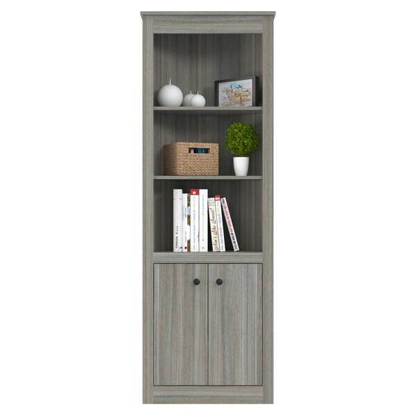 Inval Corner Bookshelf Wall Unit 70.02 in. H 5-shelf with Closed Storage in Smoke Oak - BE-10704