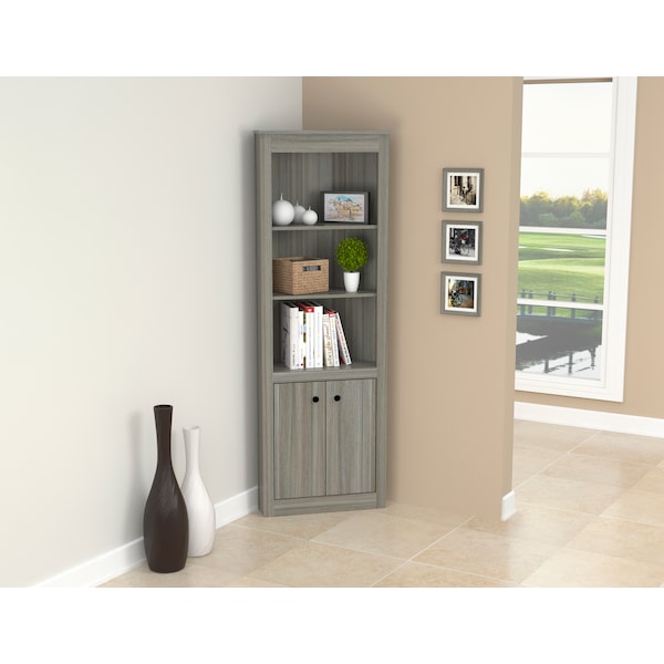 Inval Corner Bookshelf Wall Unit 70.02 in. H 5-shelf with Closed Storage in Smoke Oak - BE-10704