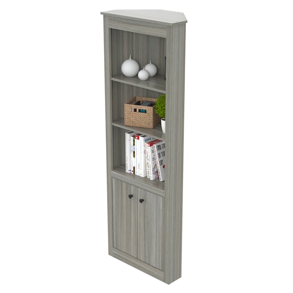Inval Corner Bookshelf Wall Unit 70.02 in. H 5-shelf with Closed Storage in Smoke Oak - BE-10704