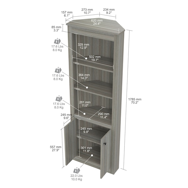 Inval Corner Bookshelf Wall Unit 70.02 in. H 5-shelf with Closed Storage in Smoke Oak - BE-10704