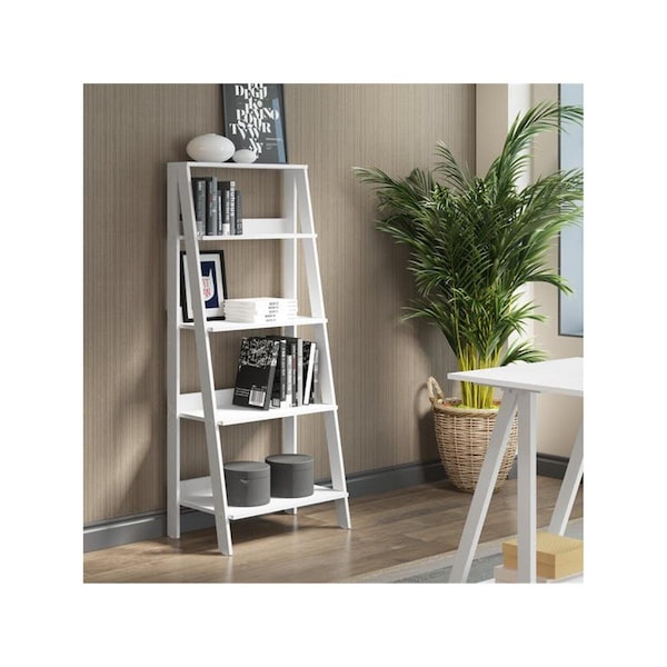 Walker Edison Furniture Walker Edison BS55LDWH 55 in. Wood Ladder Bookshelf - White - BS55LDWH