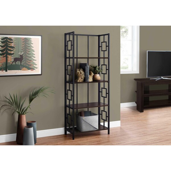 Homeroots 62 in. 4 Tier Bookcase Espresso with Black Metal Etagere - 376531