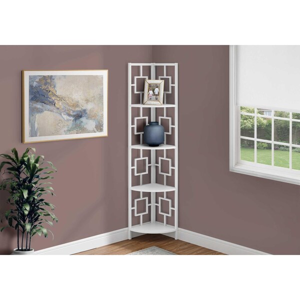 Homeroots 62 in. Bookcase White & White Metal Corner Etagere with 4 Shelves - 376528