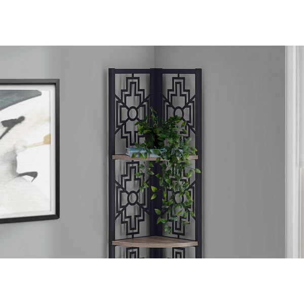 Homeroots 62 in. Bookcase with 4 Solid Taupe Shelves & Black Metal Corner Etagere - 376534