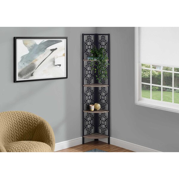 Homeroots 62 in. Bookcase with 4 Solid Taupe Shelves & Black Metal Corner Etagere - 376534