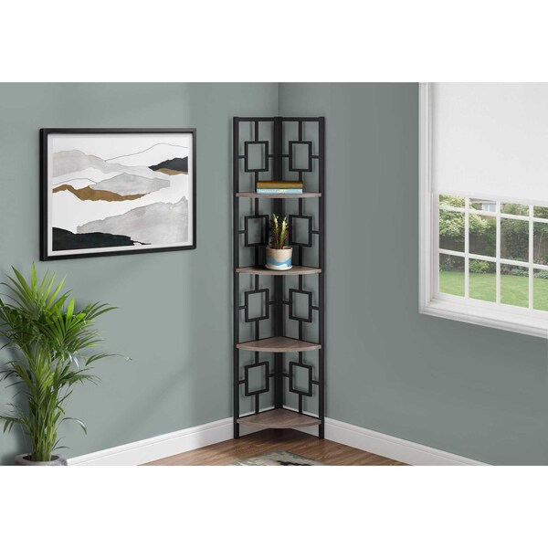 Homeroots 62 in. Dark Taupe & Black Metal Corner Bookcase with 4 Shelves - 376526