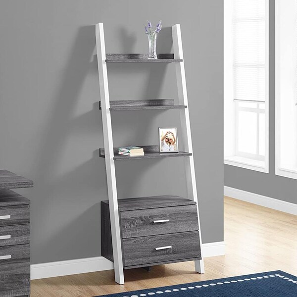 Homeroots 69 in. Grey & White Particle Board Ladder Bookcase with Two Storage Drawers - 332944