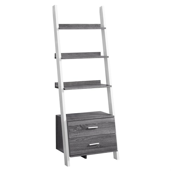 Homeroots 69 in. Grey & White Particle Board Ladder Bookcase with Two Storage Drawers - 332944