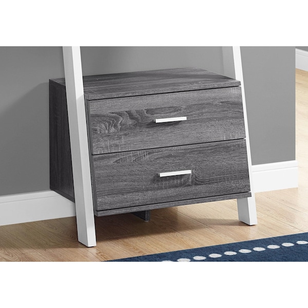 Homeroots 69 in. Grey & White Particle Board Ladder Bookcase with Two Storage Drawers - 332944