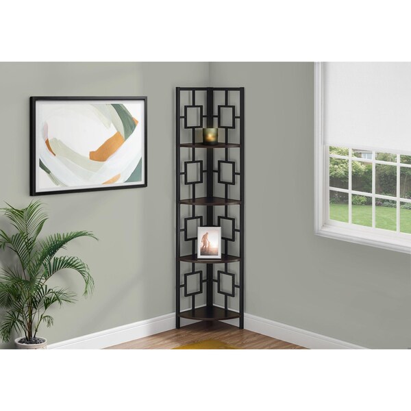 Homeroots 62 in. Bookcase Espresso & Black Metal Corner Etagere with 4 Shelves - 376527