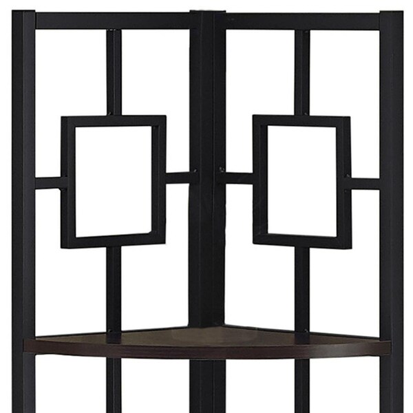 Homeroots 62 in. Bookcase Espresso & Black Metal Corner Etagere with 4 Shelves - 376527