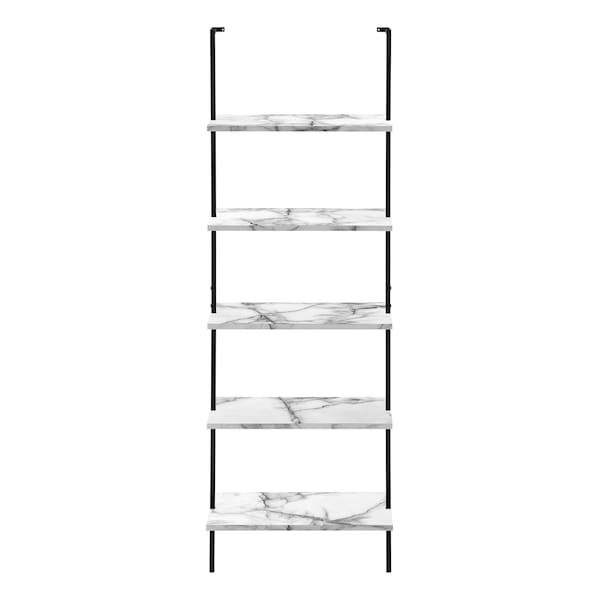 Monarch Specialties Bookshelf, Bookcase, Etagere, Ladder, 5 Tier, 72"H, Office, Bedroom, Metal, White Marble Look, Black - I 3685