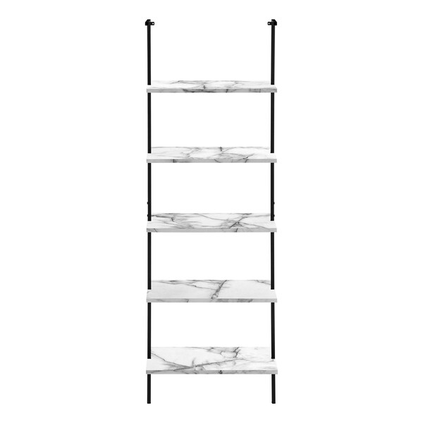 Monarch Specialties Bookshelf, Bookcase, Etagere, Ladder, 5 Tier, 72"H, Office, Bedroom, Metal, White Marble Look, Black - I 3685
