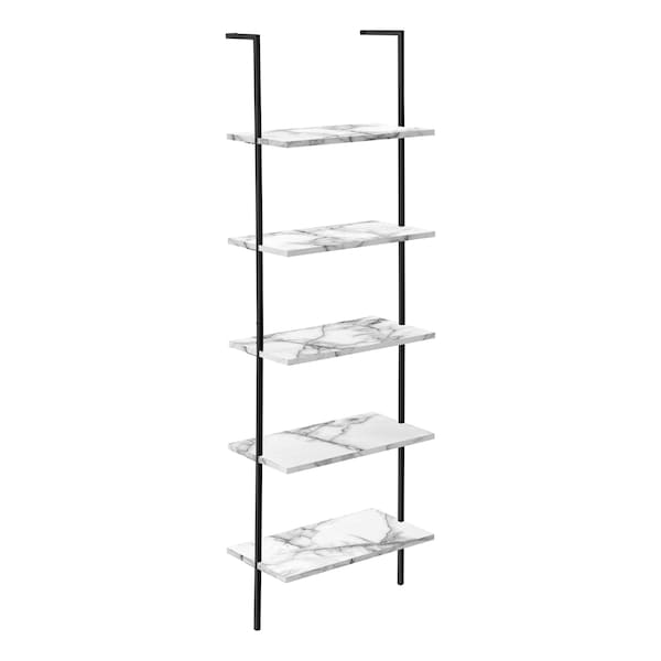 Monarch Specialties Bookshelf, Bookcase, Etagere, Ladder, 5 Tier, 72"H, Office, Bedroom, Metal, White Marble Look, Black - I 3685