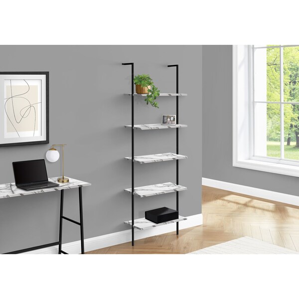 Monarch Specialties Bookshelf, Bookcase, Etagere, Ladder, 5 Tier, 72"H, Office, Bedroom, Metal, White Marble Look, Black - I 3685