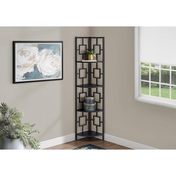 Homeroots 62 in. Metal Corner Black Bookcase with 4 Shelves - 376525