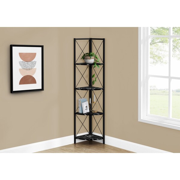 Monarch Specialties Bookshelf, Bookcase, Etagere, Corner, 4 Tier, 60"H, Office, Bedroom, Metal, Black Marble Look - I 3650